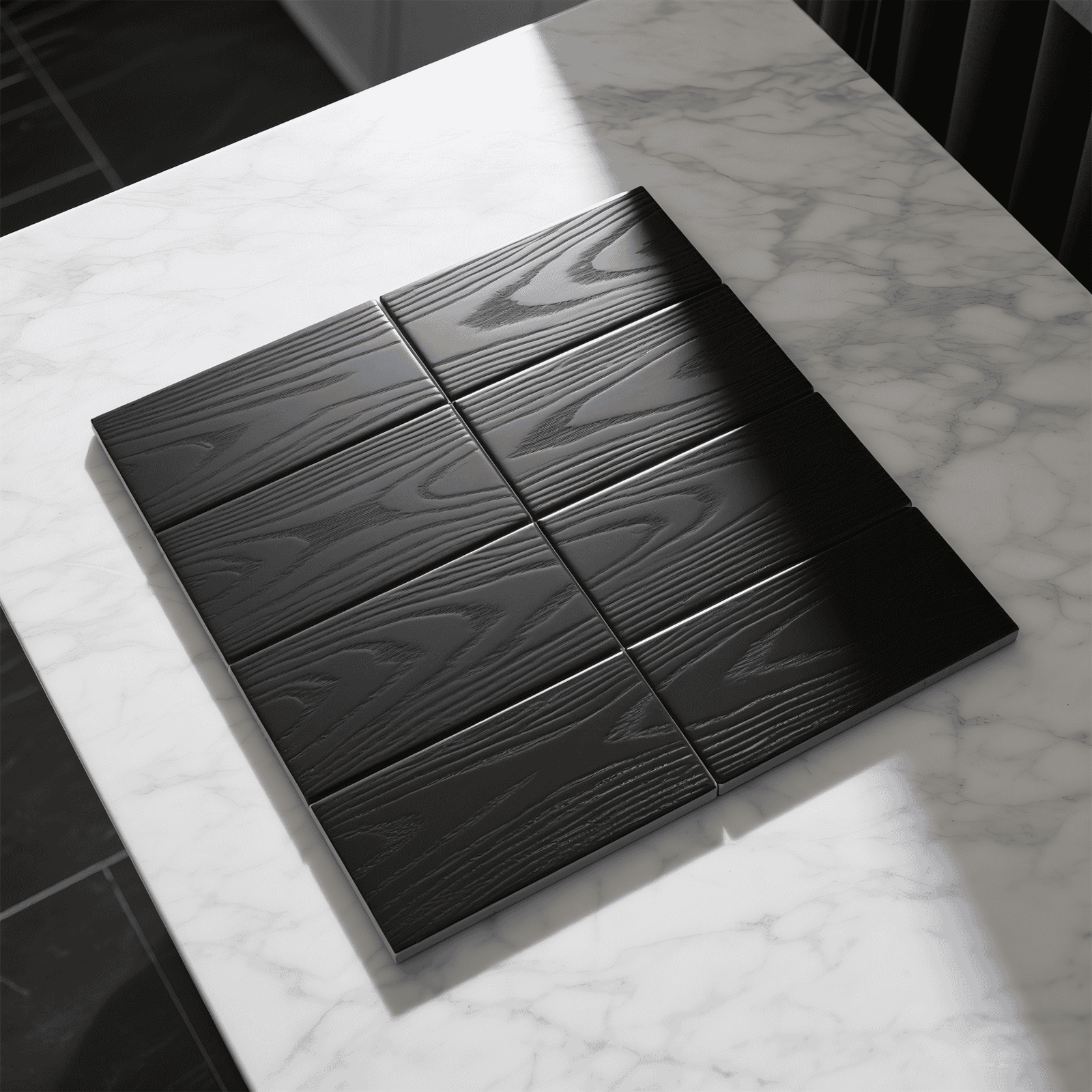 Matte black flooring tiles in a high-contrast kitchen space