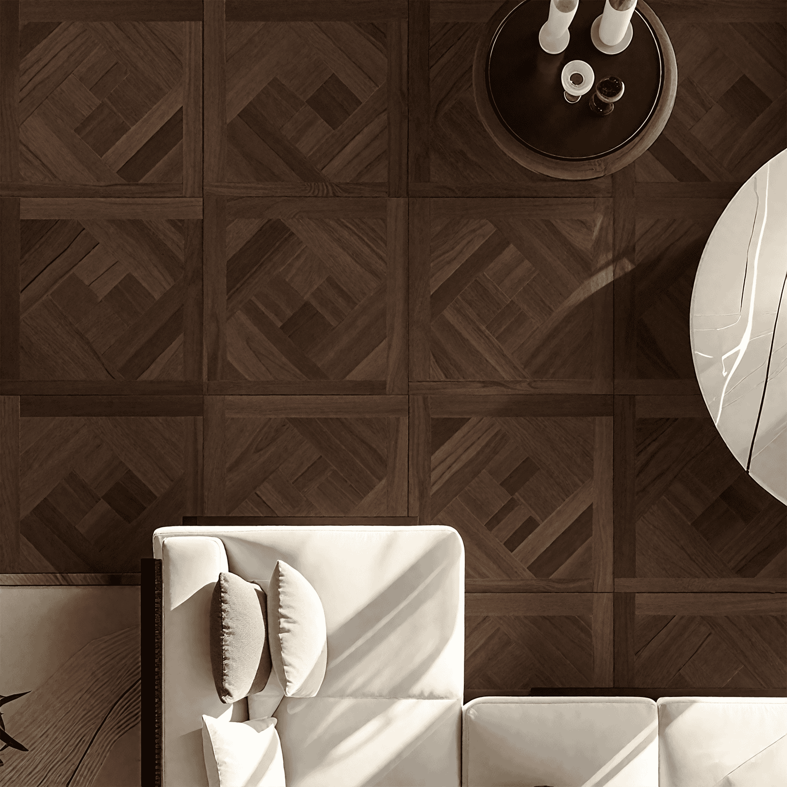 Brown wood-pattern tile with realistic grain in a cozy living room setting