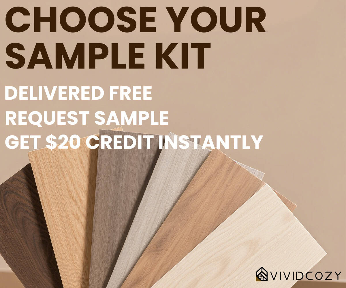 Floating tile sample kits including wood-look, marble, and stone tiles — try before you buy with free tile samples from VividCozy.