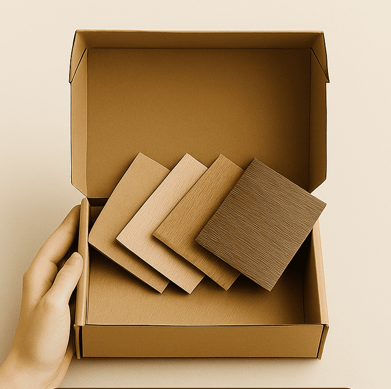 Curated tile and vinyl sample kits displayed on a table with natural light, available for quick shipping and refund credit
