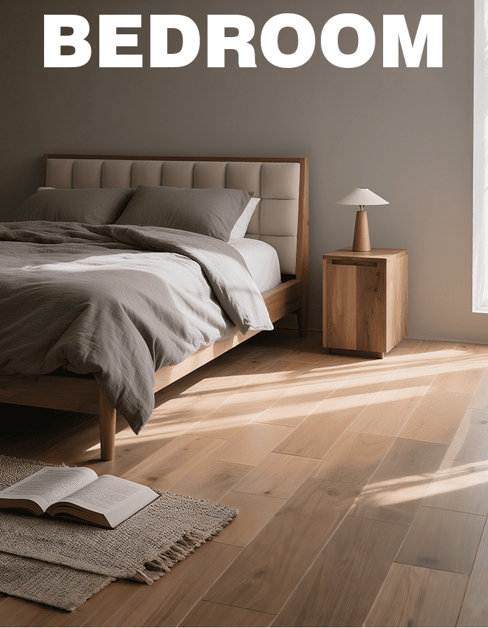 SPC or vinyl flooring in a quiet bedroom with warm bedding and natural light