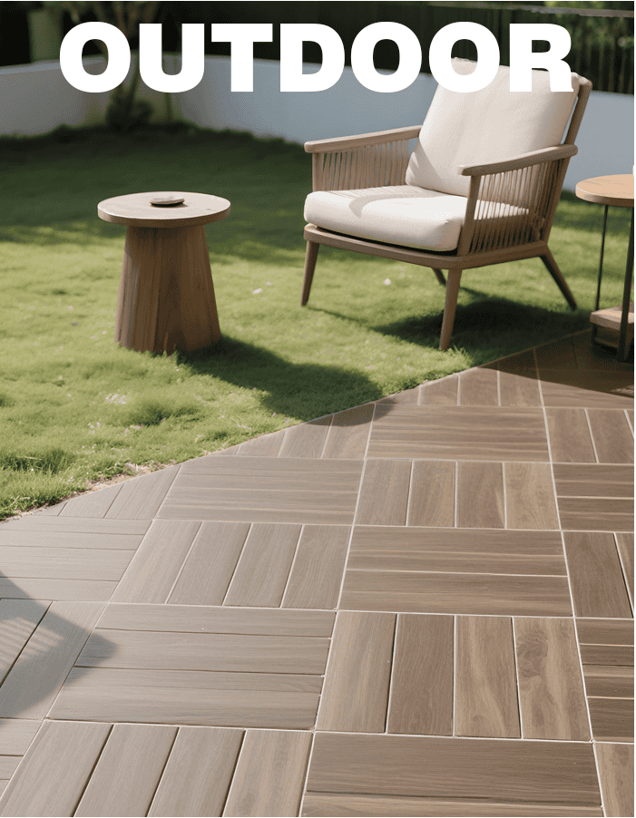 Outdoor patio with ceramic matte tiles and garden furniture in sunlight