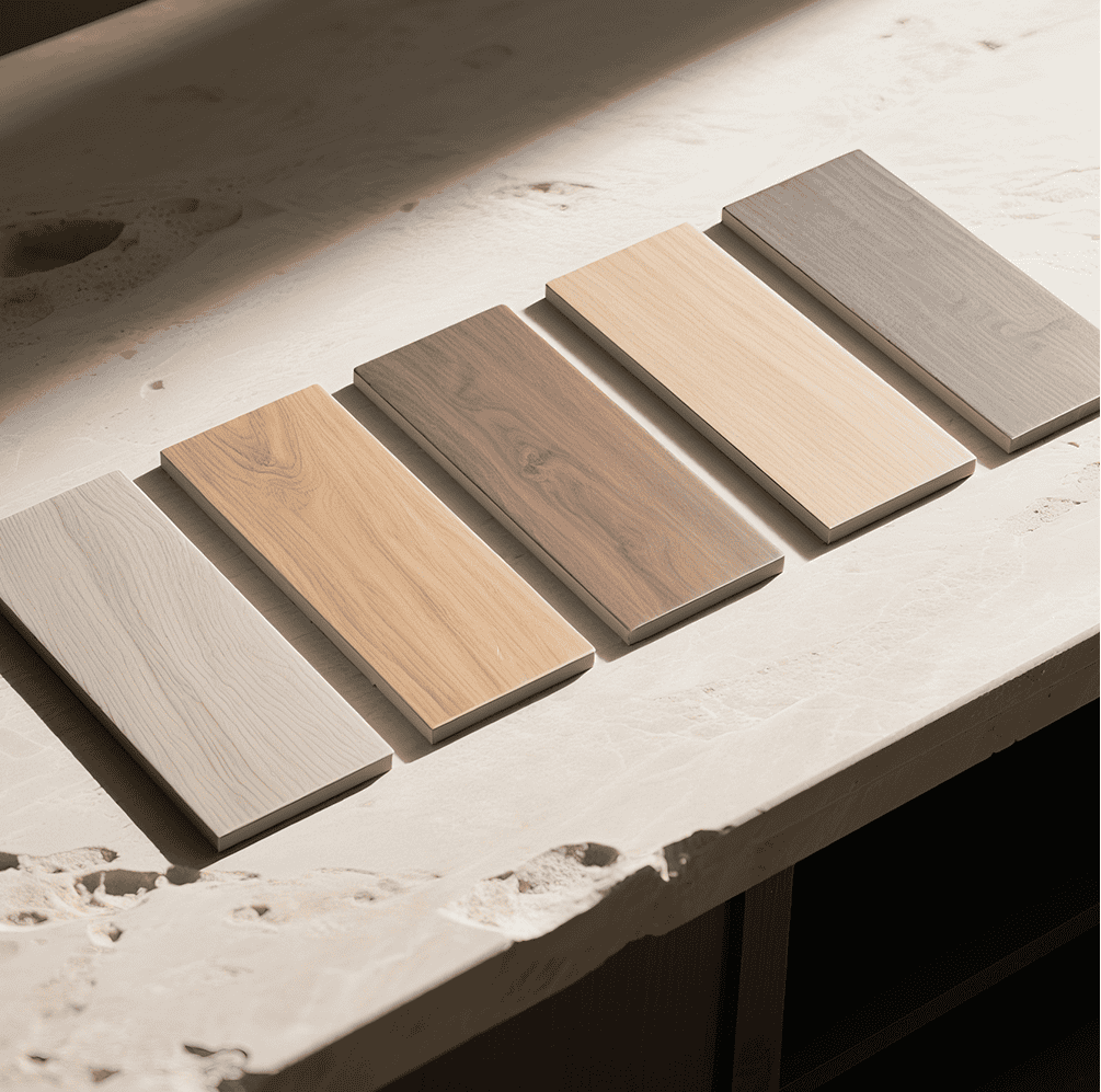 Tile and vinyl sample kits arranged by style, available for quick ordering and refund credit