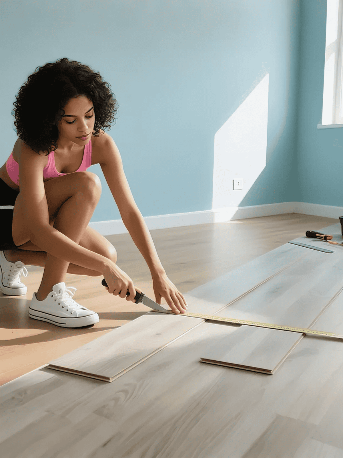 DIY flooring install in progress with tile cutter and cleaning tools shown nearby