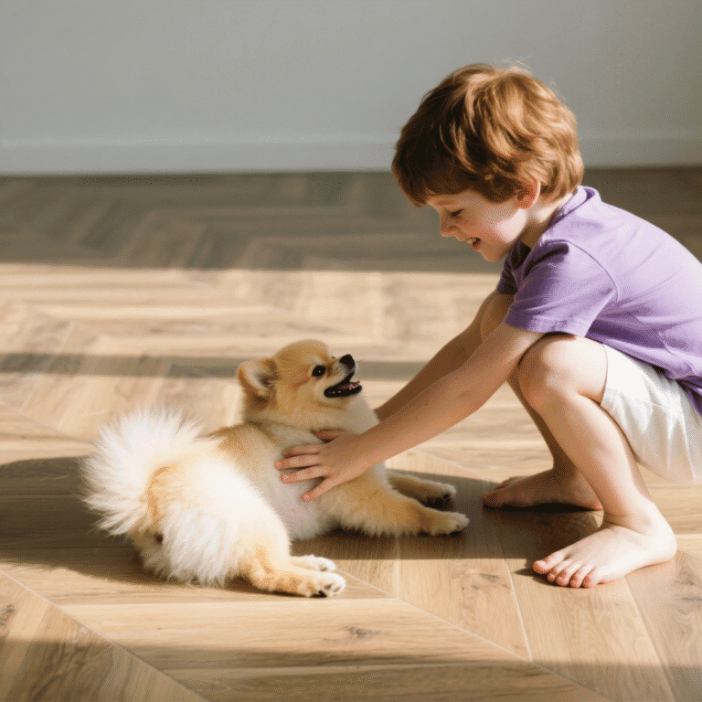 how to choose flooring for Dog and child playing on scratch-resistant wood-look porcelain floor
