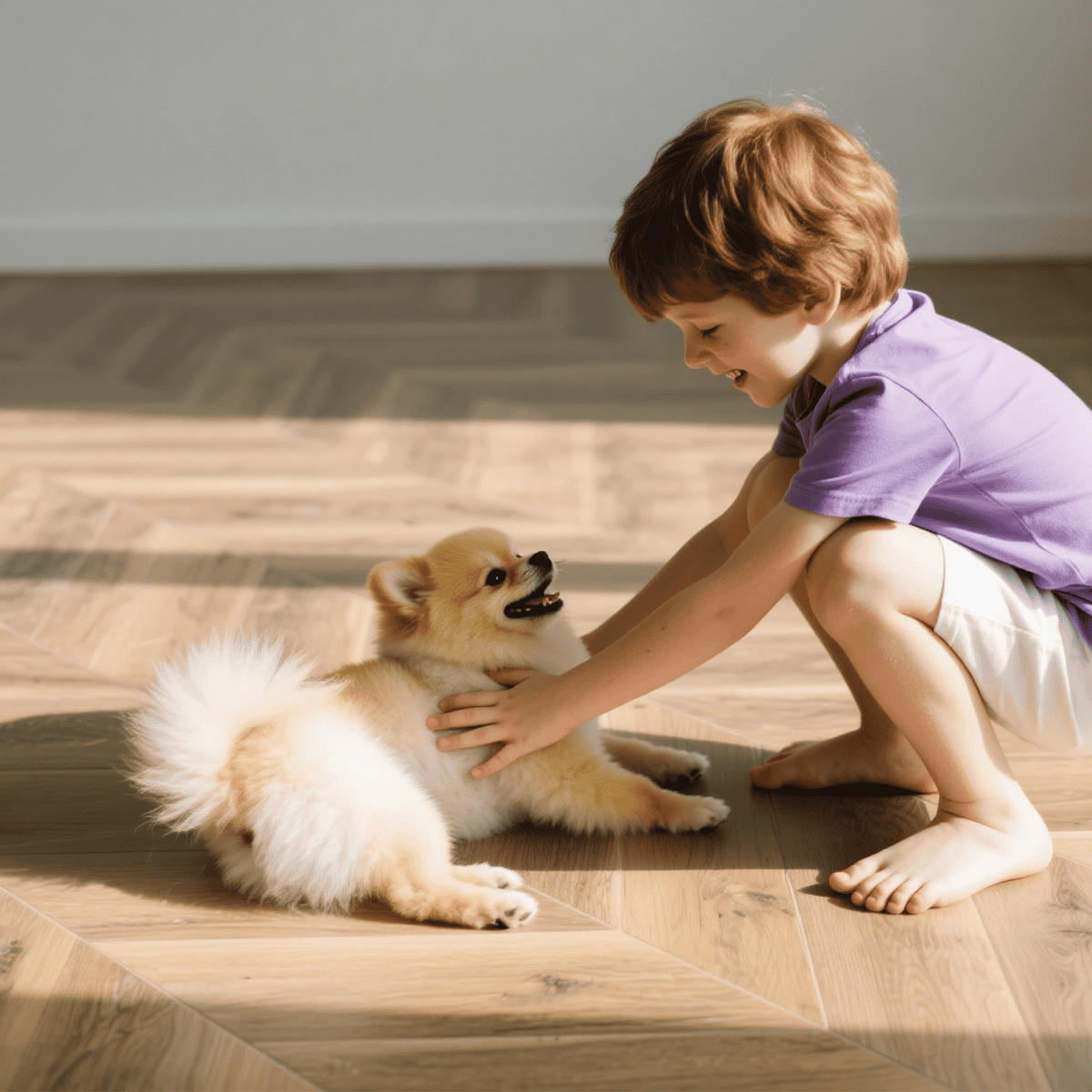 Dog and child playing on scratch-resistant wood-look porcelain floor