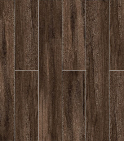Full view of Scandinavian Espresso Brown Wood Look Tile, capturing the rich look of hardwood with unmatched resilience. This 100% waterproof porcelain tile offers timeless elegance and effortless care for a worry-free lifestyle.