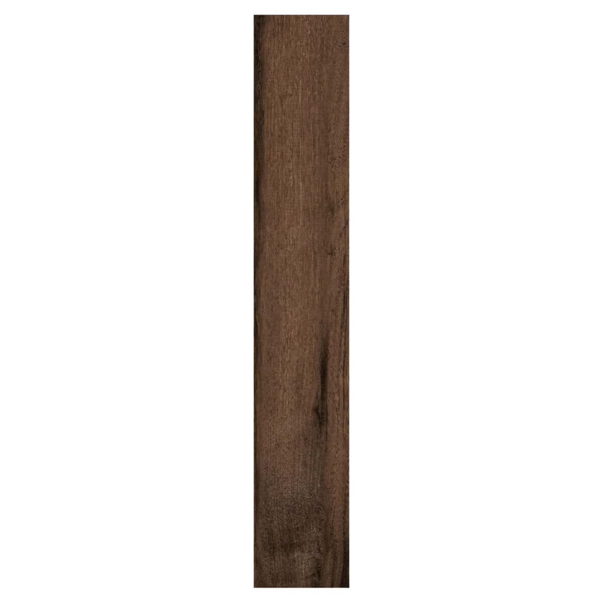 Close-up of a single Scandinavian Espresso Brown Wood Look Tile, highlighting its rich hardwood look and authentic texture. This 100% waterproof porcelain tile offers unmatched resilience and effortless care for timeless elegance.