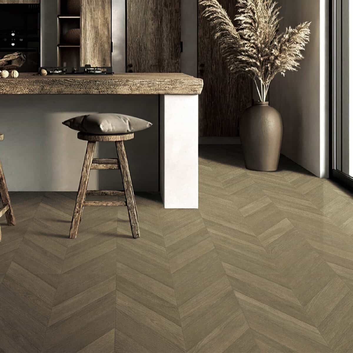 Italian Minimalism Smoked Brown Wood Look Tile on a kitchen floor, creating a warm, luxurious atmosphere. This 100% waterproof porcelain tile offers unmatched durability, resisting scratches and stains for a sophisticated, worry-free minimalist design.