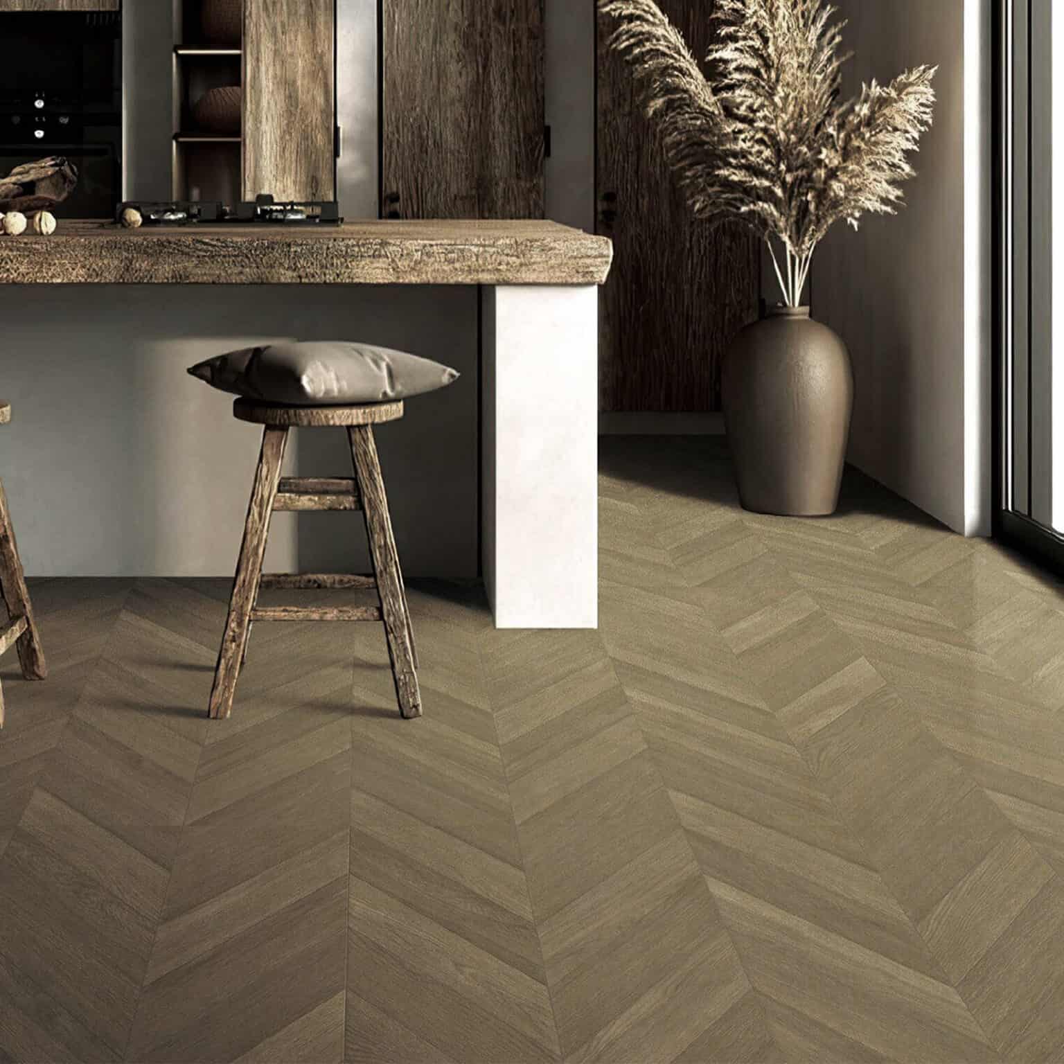 Italian Minimalism Smoked Brown Wood Look Tile on a kitchen floor, creating a warm, luxurious atmosphere. This 100% waterproof porcelain tile offers unmatched durability, resisting scratches and stains for a sophisticated, worry-free minimalist design.