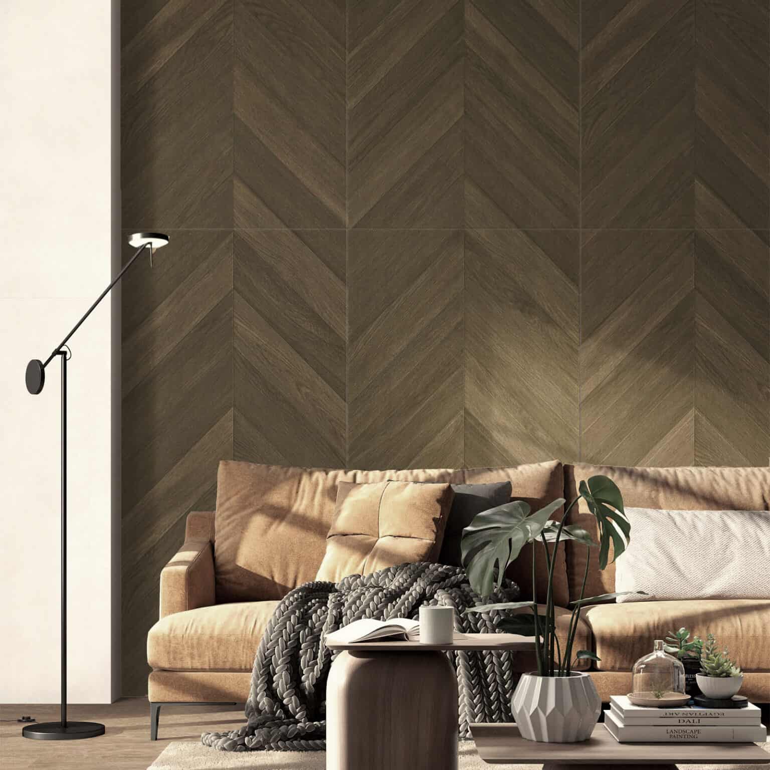 Italian Minimalism Smoked Brown Wood Look Tile on a living room wall, creating a warm, luxurious atmosphere. This 100% waterproof porcelain tile offers unmatched durability, resisting scratches and stains for a sophisticated, worry-free minimalist design.