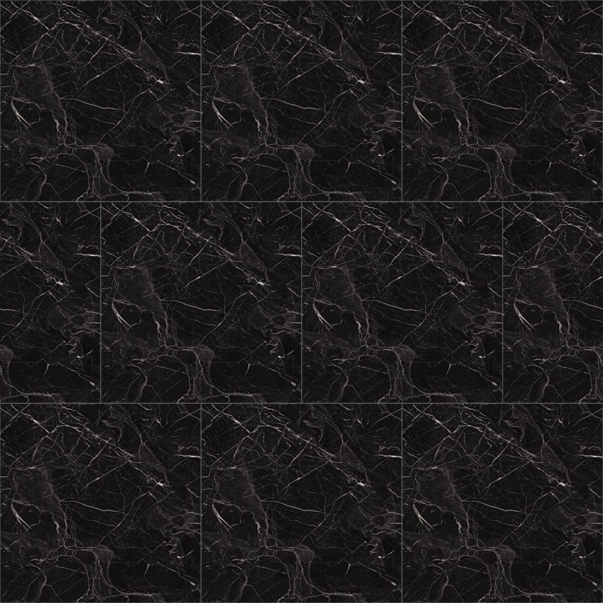Full view of Art Deco Glamour Black Storm vinyl flooring, showcasing its commanding black marble look with elegant, seamless veins. This opulent vinyl is 100% waterproof, highly resistant to scratches, stains, and dents, offering ultimate protection and lasting beauty.