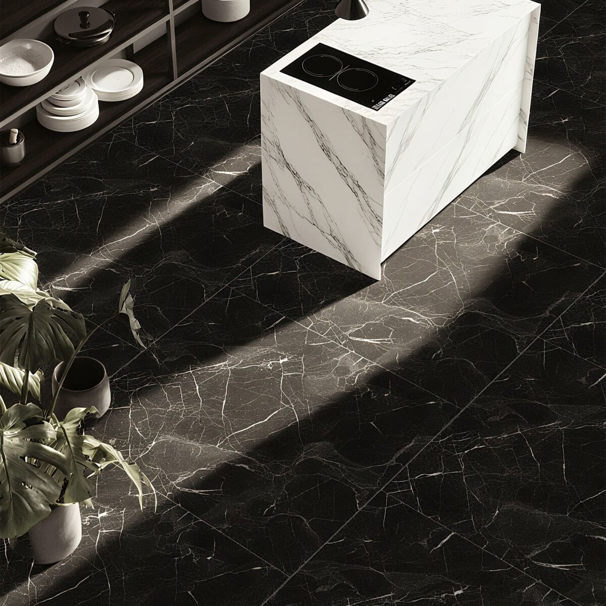 Art Deco Glamour Black Storm vinyl flooring in a modern kitchen, providing a grand, opulent foundation. This durable vinyl is 100% waterproof, highly resistant to scratches, stains, and dents, making it perfect for busy kitchen environments and ensuring beauty without compromise.