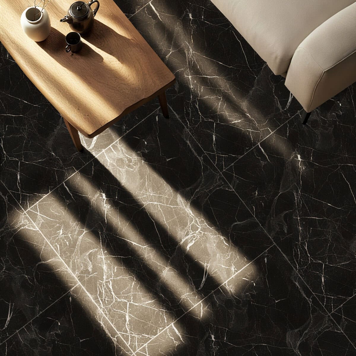 Art Deco Glamour Black Storm vinyl flooring in a luxurious living room, creating a breathtaking, opulent interior. This elegant vinyl floor is 100% waterproof, highly resistant to scratches, stains, and dents, ensuring lasting beauty and intelligent functionality for grand living spaces.