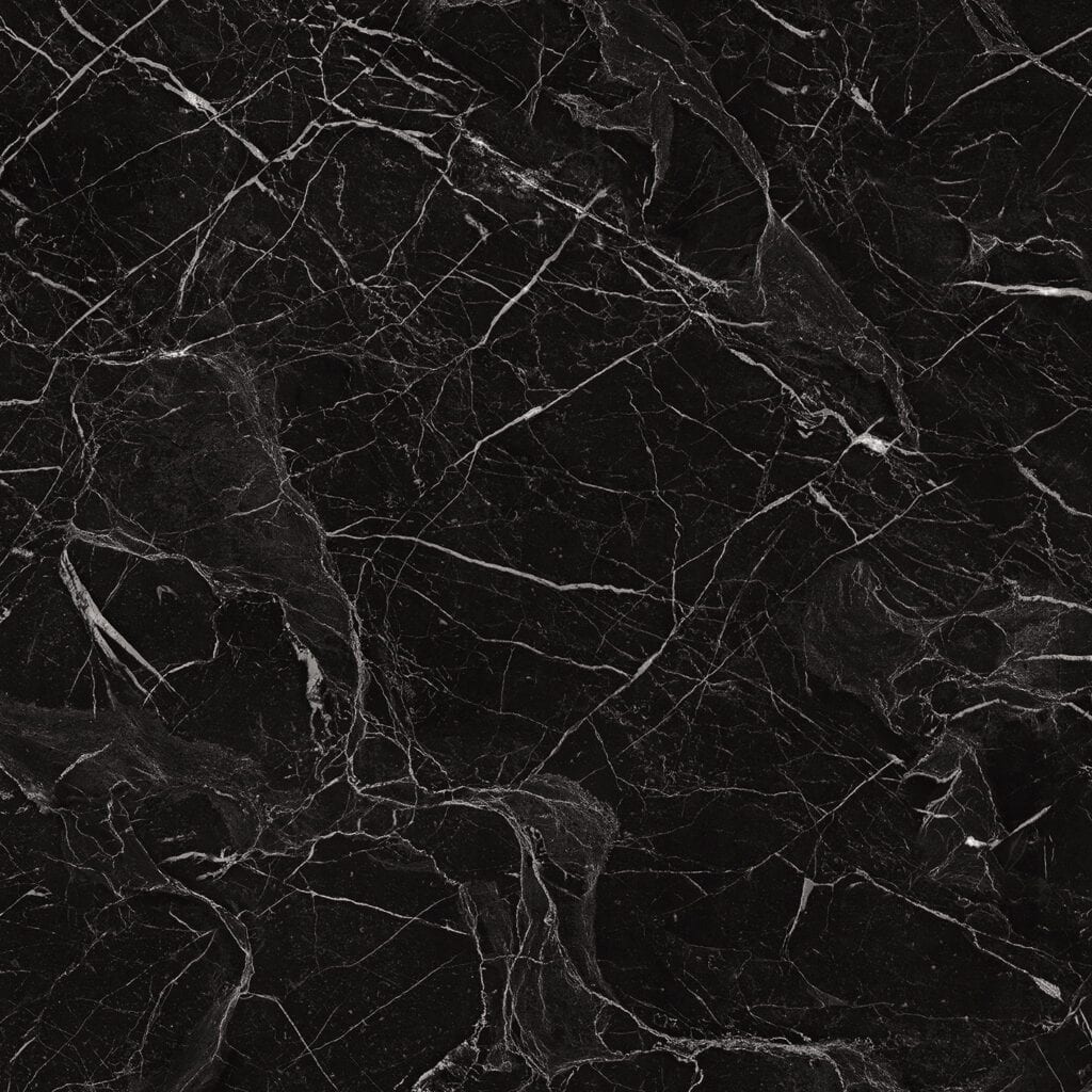 Close-up of a single Art Deco Glamour Black Storm vinyl flooring tile, showcasing its realistic black marble look with elegant white veins. This premium vinyl is 100% waterproof, highly resistant to scratches, stains, and dents, ensuring enduring strength and opulent beauty.