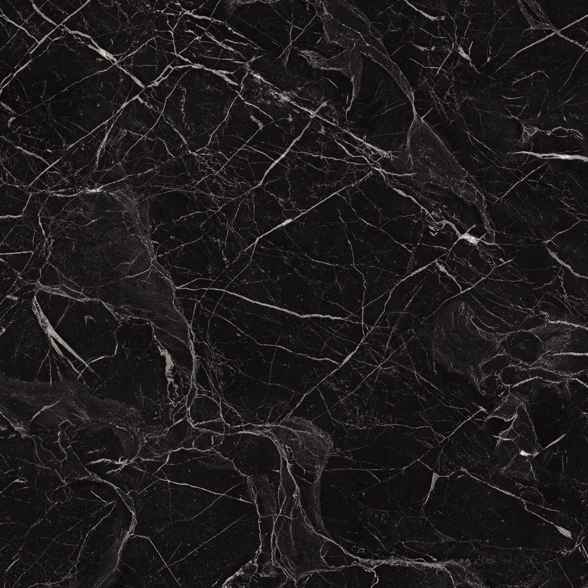 Close-up of a single Art Deco Glamour Black Storm vinyl flooring tile, showcasing its realistic black marble look with elegant white veins. This premium vinyl is 100% waterproof, highly resistant to scratches, stains, and dents, ensuring enduring strength and opulent beauty.