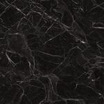 Close-up of a single Art Deco Glamour Black Storm vinyl flooring tile, showcasing its realistic black marble look with elegant white veins. This premium vinyl is 100% waterproof, highly resistant to scratches, stains, and dents, ensuring enduring strength and opulent beauty.