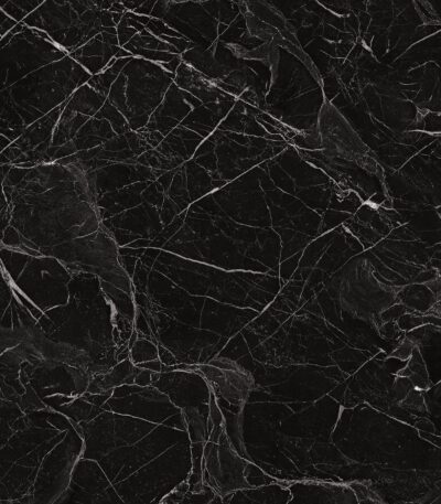 Close-up of a single Art Deco Glamour Black Storm vinyl flooring tile, showcasing its realistic black marble look with elegant white veins. This premium vinyl is 100% waterproof, highly resistant to scratches, stains, and dents, ensuring enduring strength and opulent beauty.