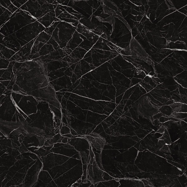 Close-up of a single Art Deco Glamour Black Storm vinyl flooring tile, showcasing its realistic black marble look with elegant white veins. This premium vinyl is 100% waterproof, highly resistant to scratches, stains, and dents, ensuring enduring strength and opulent beauty.