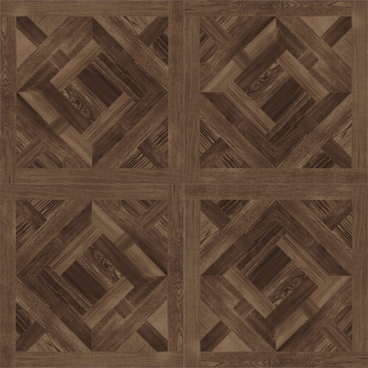 Full view of Classical Luxury Mixed Walnut Wood Look Tile, showcasing its intricate parquet pattern and rich mixed walnut tones. This 100% waterproof porcelain tile offers unmatched durability, resisting scratches and stains for a grand, timeless luxury.