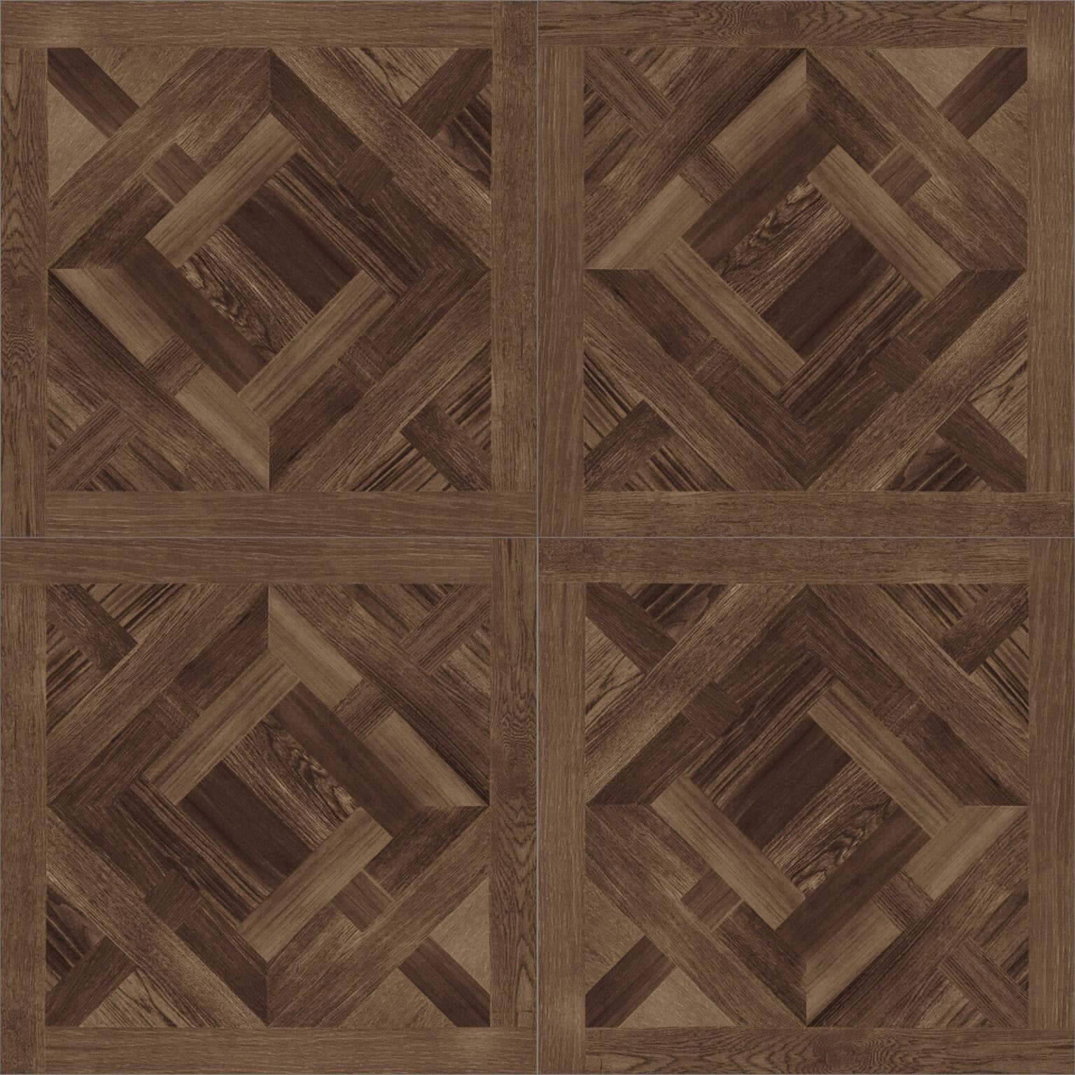 Full view of Classical Luxury Mixed Walnut Wood Look Tile, showcasing its intricate parquet pattern and rich mixed walnut tones. This 100% waterproof porcelain tile offers unmatched durability, resisting scratches and stains for a grand, timeless luxury.