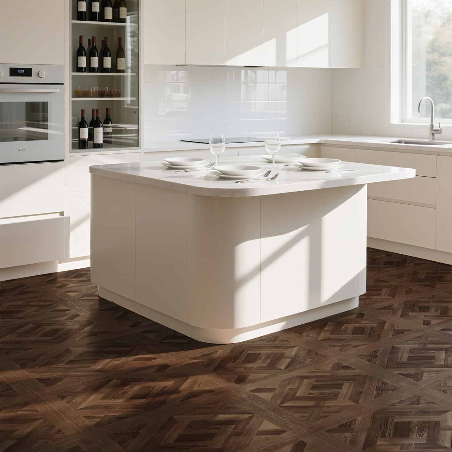 Classical Luxury Mixed Walnut Wood Look Tile in a modern kitchen, creating a grand, timeless atmosphere with its intricate parquet pattern. This 100% waterproof porcelain tile offers unmatched durability, resisting scratches and stains for a worry-free lifestyle.