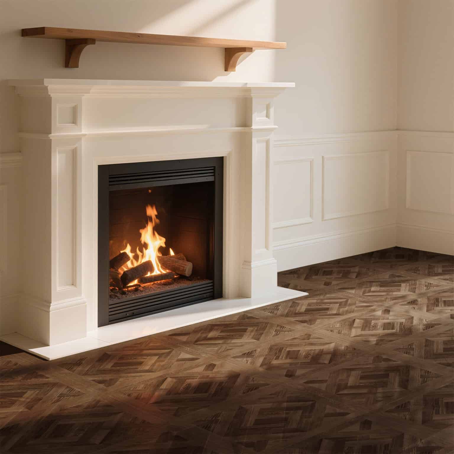 Classical Luxury Mixed Walnut Wood Look Tile in a luxurious living room with a fireplace, creating a grand, timeless atmosphere. This 100% waterproof porcelain tile offers unmatched durability, resisting scratches and stains for a worry-free, elegant design.