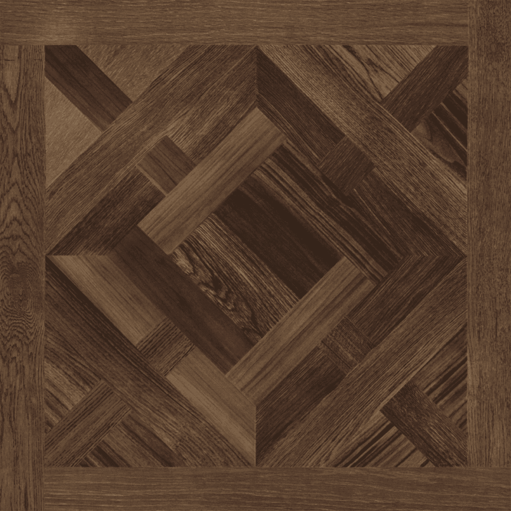 Close-up of a single Classical Luxury Mixed Walnut Wood Look Tile, highlighting its intricate parquet pattern and rich mixed walnut tones. This 100% waterproof porcelain tile offers unmatched durability and easy care for timeless luxury.