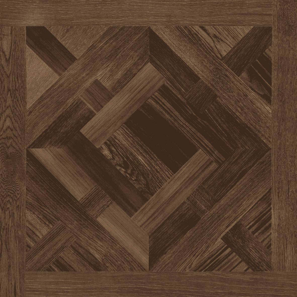 Close-up of a single Classical Luxury Mixed Walnut Wood Look Tile, highlighting its intricate parquet pattern and rich mixed walnut tones. This 100% waterproof porcelain tile offers unmatched durability and easy care for timeless luxury.