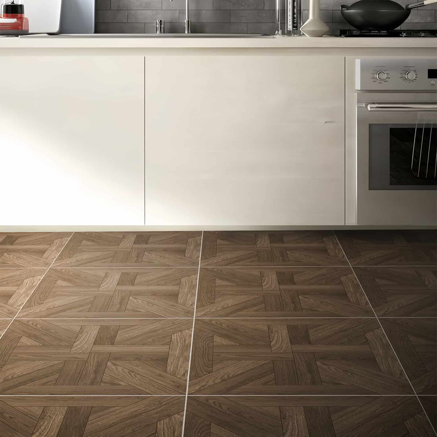 Classical Stately Dark Walnut Wood Look Tile in a modern kitchen, creating a grand, inviting atmosphere with its deep, rich tones. This 100% waterproof porcelain tile offers unmatched durability, resisting scratches and stains for a worry-free lifestyle.