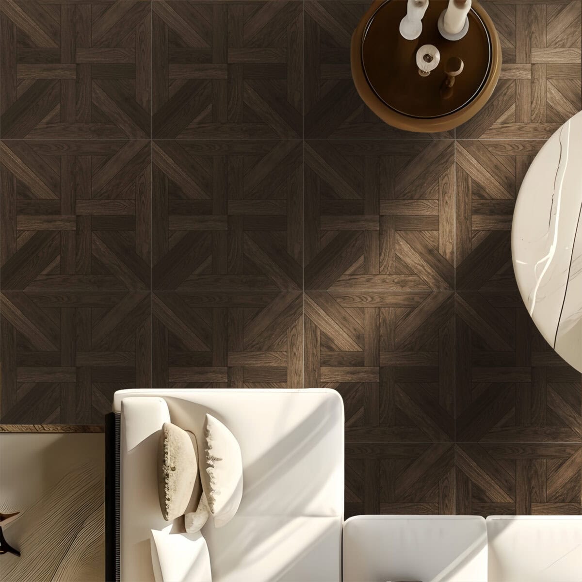 Overhead view of Classical Stately Dark Walnut Wood Look Tile in a luxurious living room, creating a grand, elegant atmosphere. This 100% waterproof porcelain tile offers unmatched durability, resisting scratches and stains for a worry-free, timeless design.