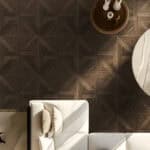 Overhead view of Classical Stately Dark Walnut Wood Look Tile in a luxurious living room, creating a grand, elegant atmosphere. This 100% waterproof porcelain tile offers unmatched durability, resisting scratches and stains for a worry-free, timeless design.