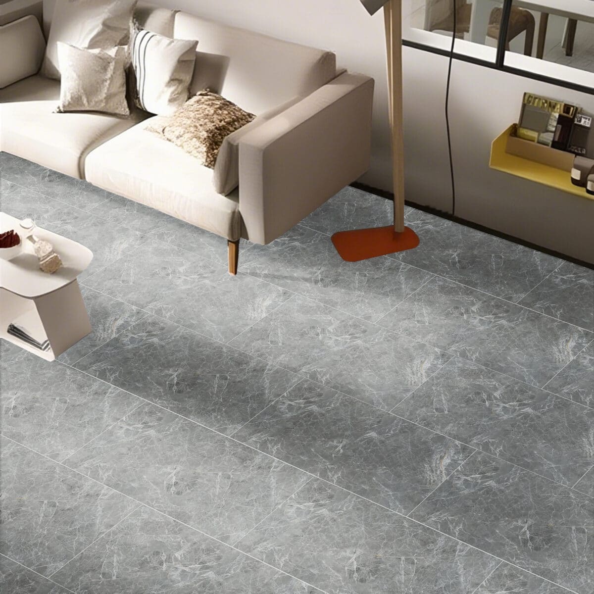 Contemporary Style Stormy Grey Stone Look SPC Vinyl Flooring in a stylish living room, creating a sophisticated canvas with its dynamic gray tones. This 100% waterproof, DIY-friendly SPC flooring resists scratches, stains, and dents, ideal for modern living.