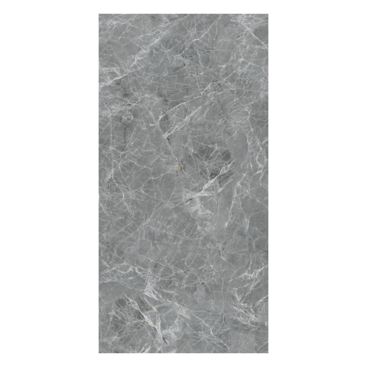 Close-up of a single Contemporary Style Stormy Grey Stone Look SPC Vinyl Flooring plank, highlighting its dynamic gray tones and sleek stone pattern. This 100% waterproof SPC flooring resists scratches, stains, and dents, perfect for modern style.