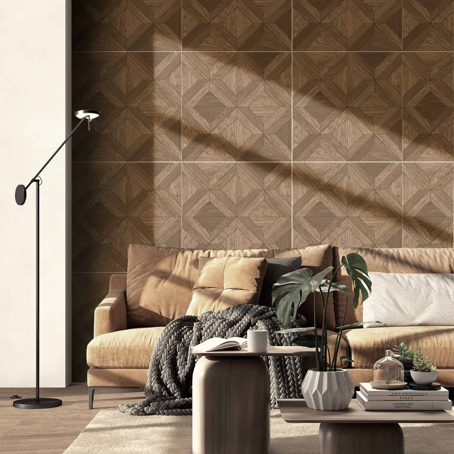 Elegant Stately Medium Walnut Wood Look Tile on floor and wall in a modern living room, creating a sophisticated, stately atmosphere. This 100% waterproof porcelain tile offers unmatched durability, resisting scratches and stains for a worry-free, timeless design.