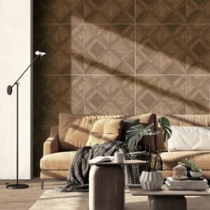 Elegant Stately Medium Walnut Wood Look Tile on floor and wall in a modern living room, creating a sophisticated, stately atmosphere. This 100% waterproof porcelain tile offers unmatched durability, resisting scratches and stains for a worry-free, timeless design.