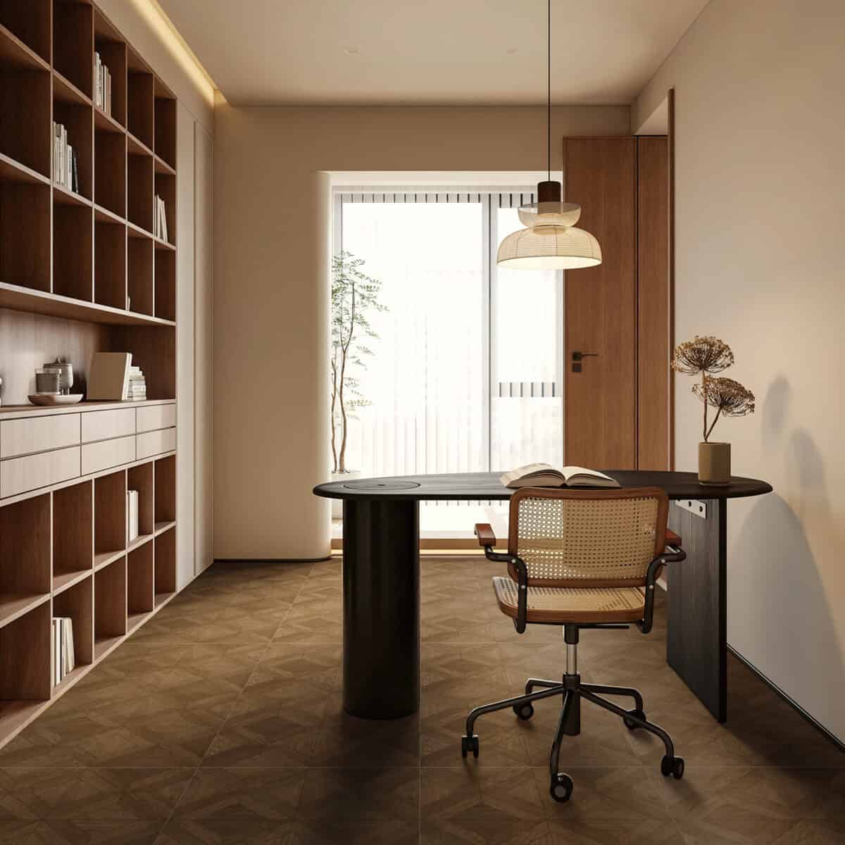 Elegant Stately Medium Walnut Wood Look Tile in a sophisticated office, creating a stately atmosphere with its rich, medium walnut tones. This 100% waterproof porcelain tile offers unmatched durability, resisting scratches and stains for a worry-free lifestyle.