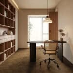 Elegant Stately Medium Walnut Wood Look Tile in a sophisticated office, creating a stately atmosphere with its rich, medium walnut tones. This 100% waterproof porcelain tile offers unmatched durability, resisting scratches and stains for a worry-free lifestyle.