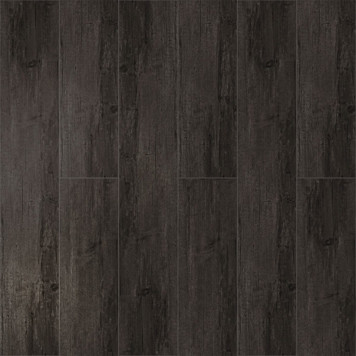 Full view of Industrial Loft Charred Pine Wood Look LVT Flooring, showcasing its deep, carbonized tones and rustic pine grain. This 100% waterproof LVT resists scratches, stains, and dents, creating a bold, character-rich industrial loft atmosphere.