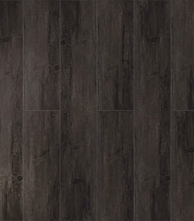 A full view swatch of the Bold Industrial Loft Charred Pine Wood Look Vinyl Floor, displaying the deep, charcoal color and textured, authentic grain of the interlocking planks.