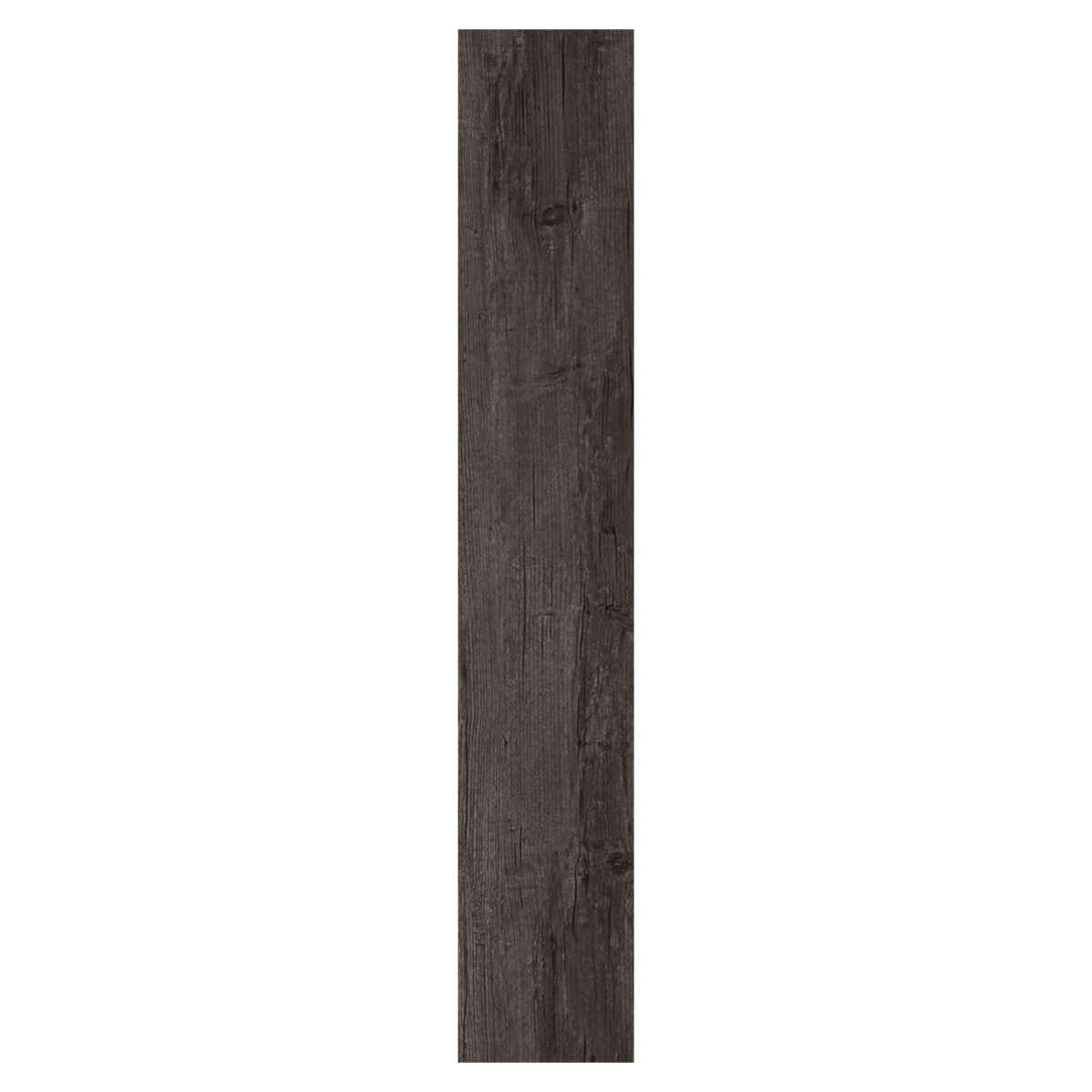 Close-up of a single Industrial Loft Charred Pine Wood Look LVT Flooring plank, highlighting its deep, carbonized tones and rustic pine grain. This 100% waterproof LVT resists scratches, stains, and dents, perfect for bold, expressive industrial style.