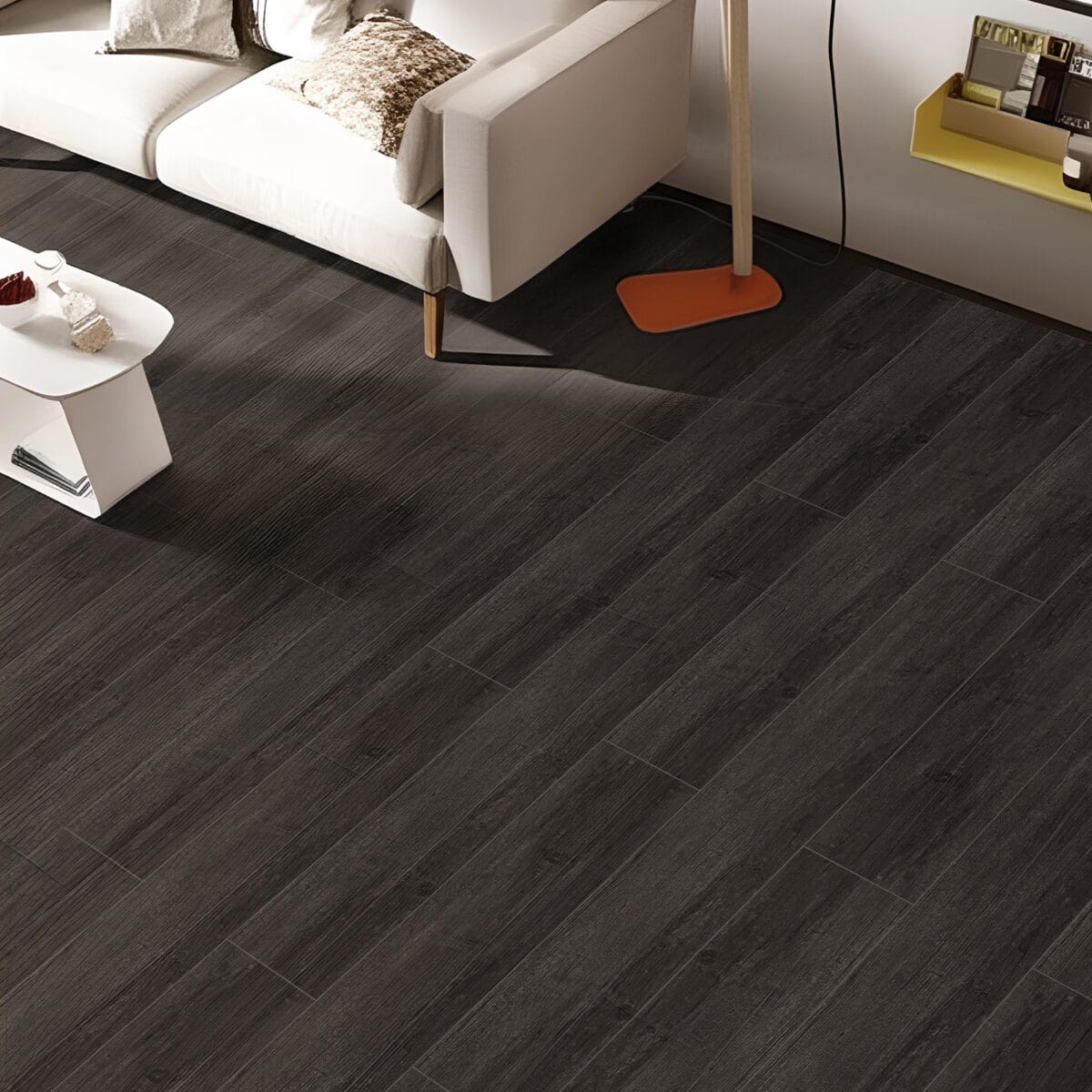 Industrial Loft Charred Pine Wood Look LVT Flooring in a spacious living room, creating a bold, character-rich atmosphere with its deep, carbonized tones. This 100% waterproof LVT resists scratches, stains, and dents, providing an effortless to clean foundation for expressive style.
