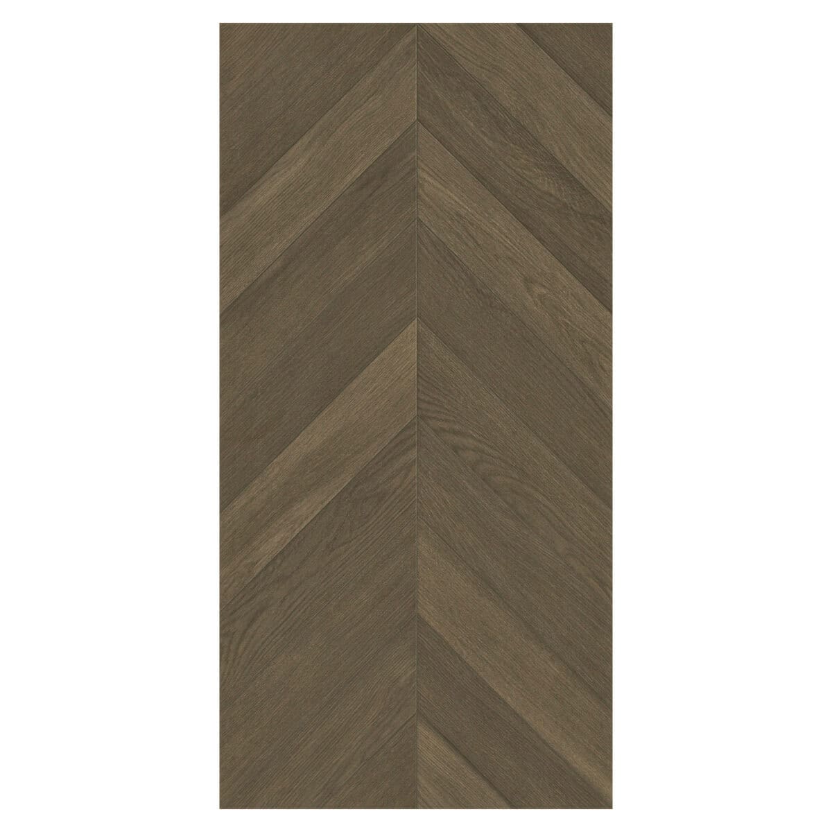 Close-up of a single Italian Minimalism Smoked Brown Wood Look Tile, highlighting its deep, smoked-brown tones and herringbone pattern. This 100% waterproof porcelain tile offers unmatched durability and easy care for refined simplicity.