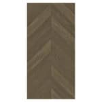 Close-up of a single Italian Minimalism Smoked Brown Wood Look Tile, highlighting its deep, smoked-brown tones and herringbone pattern. This 100% waterproof porcelain tile offers unmatched durability and easy care for refined simplicity.