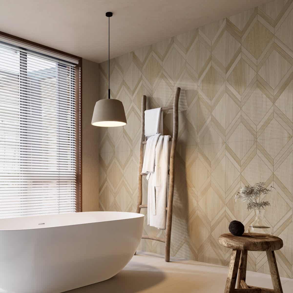 Light Luxury Beige White Wood Color Wood Look Tile on bathroom wall, creating a bright, airy, sophisticated atmosphere. This 100% waterproof porcelain tile offers unmatched durability, resisting scratches and stains for a worry-free, serene luxury.