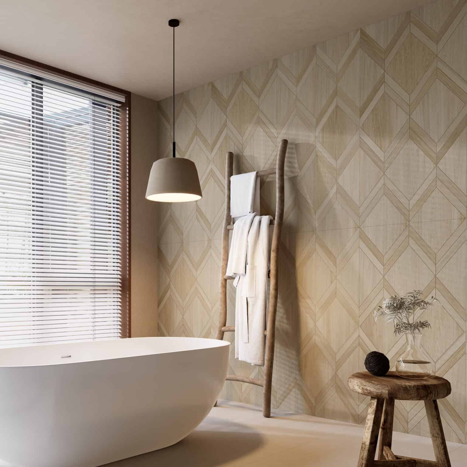 Light Luxury Beige White Wood Color Wood Look Tile on bathroom wall, creating a bright, airy, sophisticated atmosphere. This 100% waterproof porcelain tile offers unmatched durability, resisting scratches and stains for a worry-free, serene luxury.