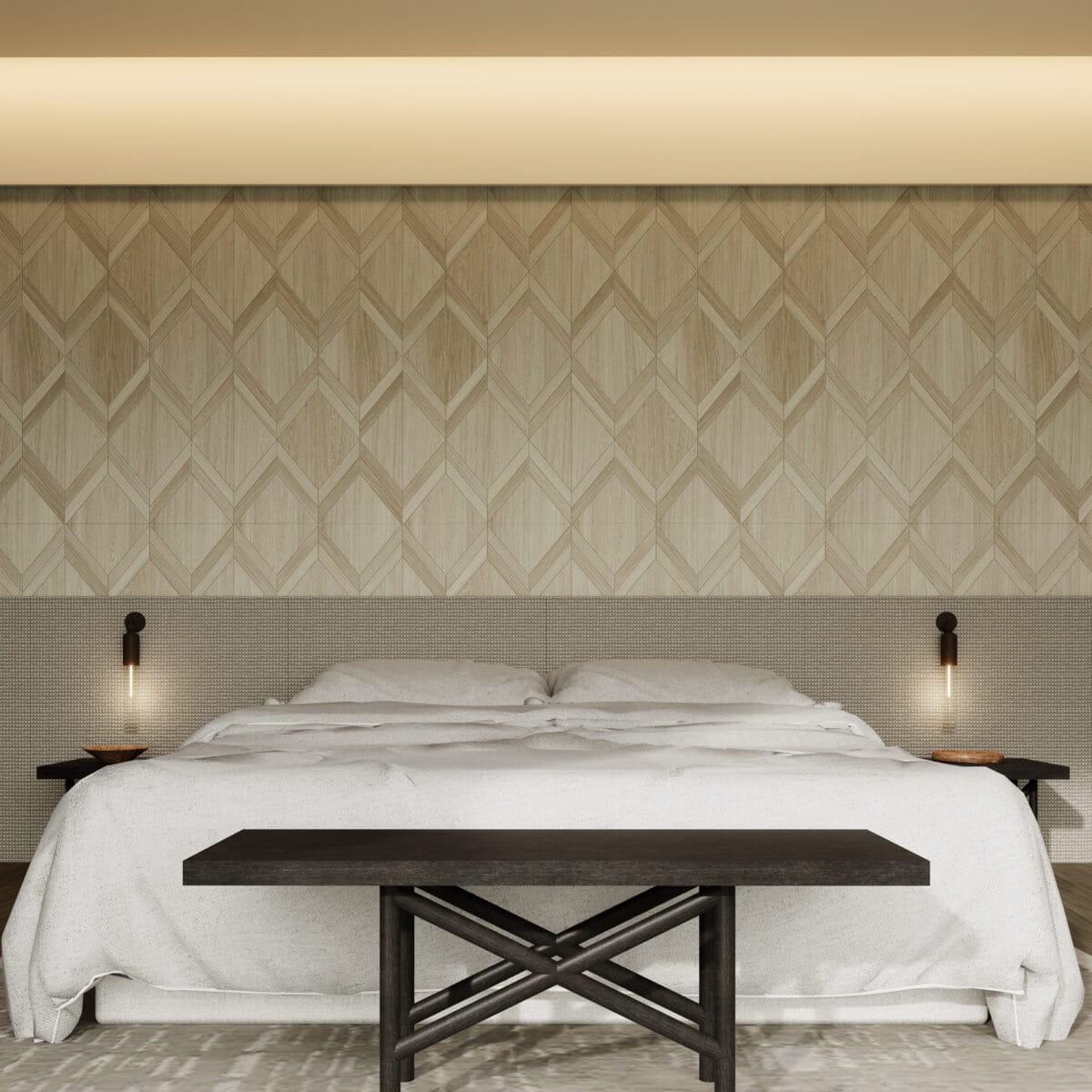 Light Luxury Beige White Wood Color Wood Look Tile on bedroom wall, creating a bright, airy, sophisticated atmosphere. This 100% waterproof porcelain tile offers unmatched durability, resisting scratches and stains for a worry-free, serene luxury.