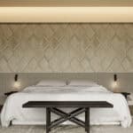 Light Luxury Beige White Wood Color Wood Look Tile on bedroom wall, creating a bright, airy, sophisticated atmosphere. This 100% waterproof porcelain tile offers unmatched durability, resisting scratches and stains for a worry-free, serene luxury.