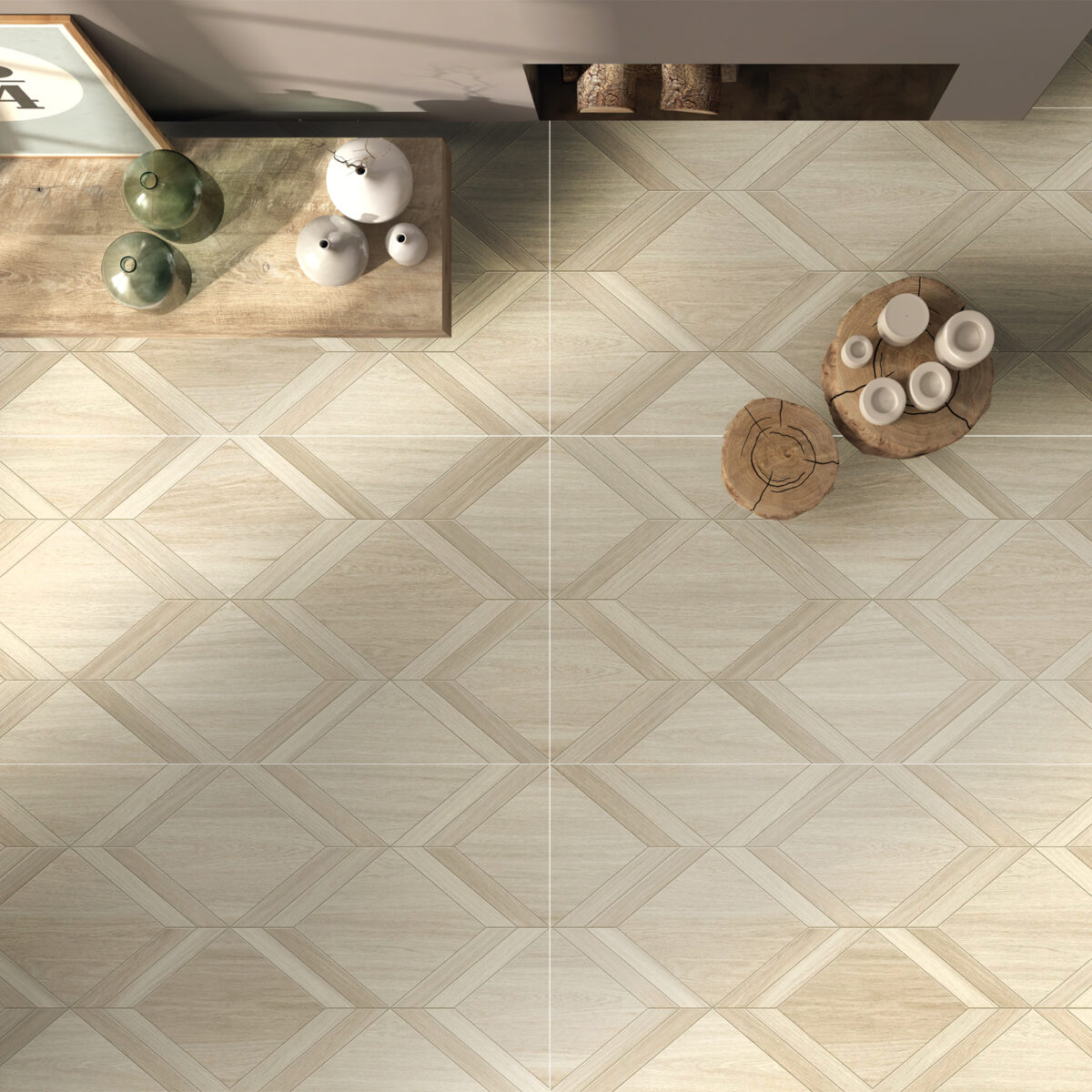 Light Luxury Beige White Wood Color Wood Look Tile on a living room floor, creating a bright, airy, sophisticated atmosphere. This 100% waterproof porcelain tile offers unmatched durability, resisting scratches and stains for a worry-free, serene luxury.