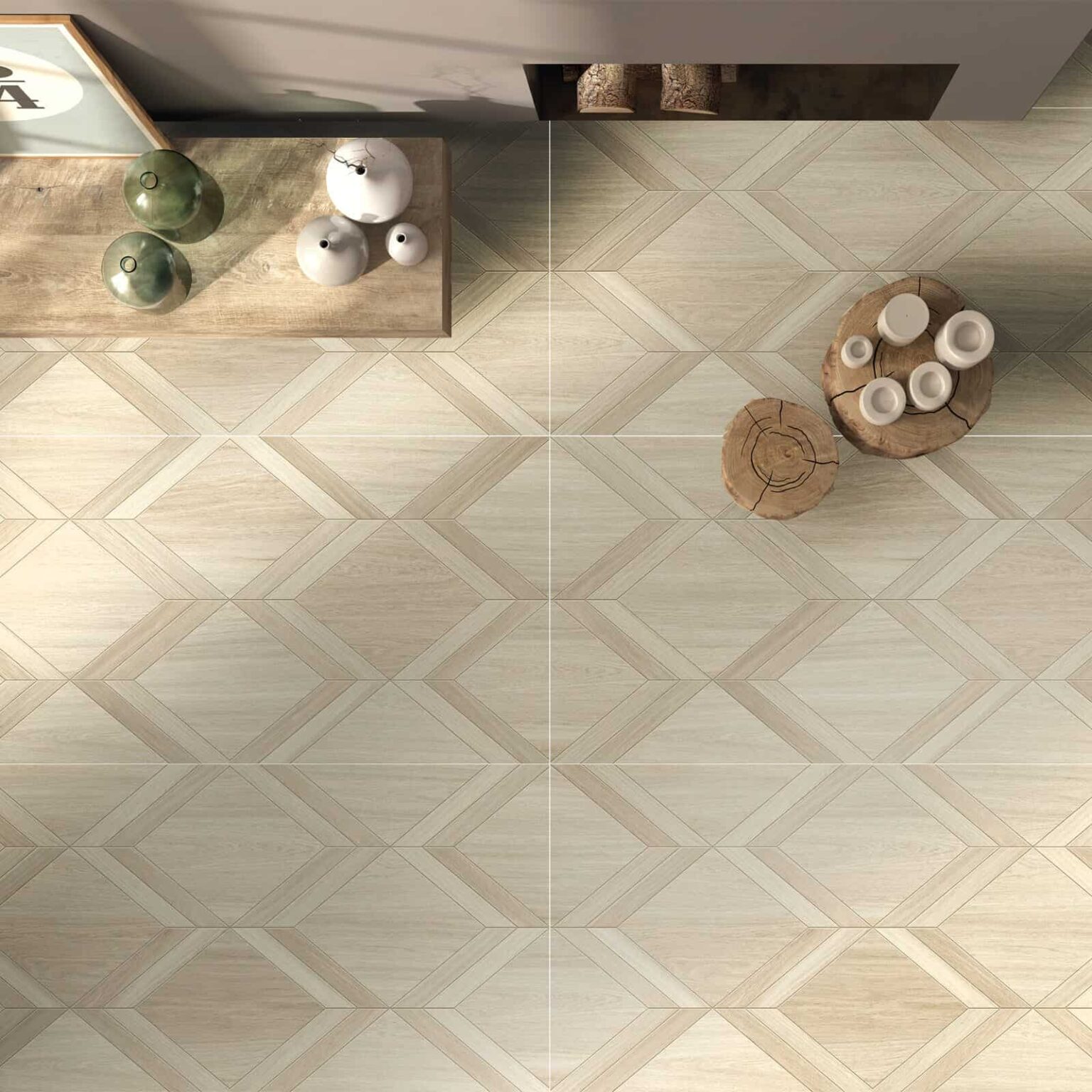 Light Luxury Beige White Wood Color Wood Look Tile on a living room floor, creating a bright, airy, sophisticated atmosphere. This 100% waterproof porcelain tile offers unmatched durability, resisting scratches and stains for a worry-free, serene luxury.
